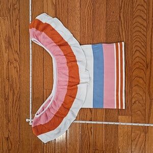 Adorable off the shoulder firty, striped, 70's vibes cropped top